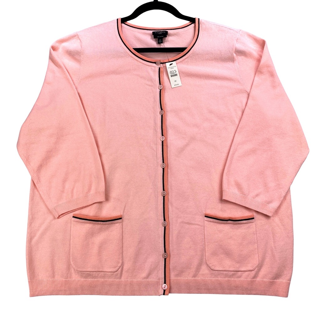 Talbots Woman 2X Cardigan‎ Sweater Pima Cotton Blend Pink Trim Detail NWT